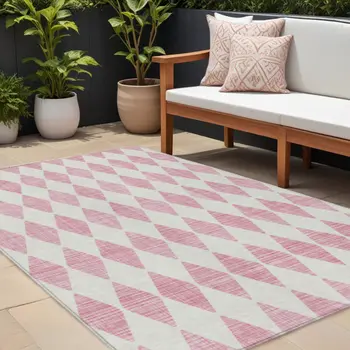 8' X 10' Pink And Ivory Geometric Washable Indoor Outdoor Area Rug