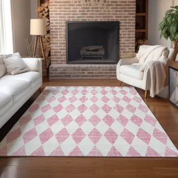 9' X 12' Pink And Ivory Geometric Washable Indoor Outdoor Area Rug