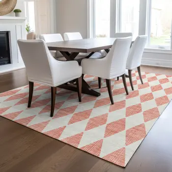 3' X 5' Salmon And Ivory Geometric Washable Indoor Outdoor Area Rug