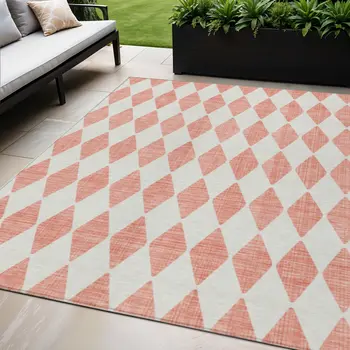 5' X 8' Salmon And Ivory Geometric Washable Indoor Outdoor Area Rug