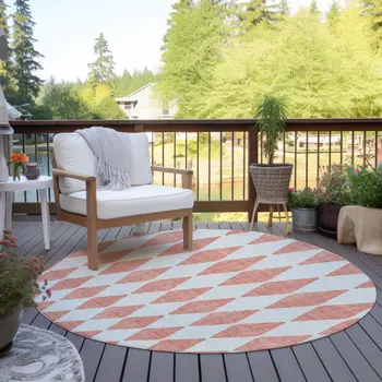 8' Salmon And Ivory Round Geometric Washable Indoor Outdoor Area Rug