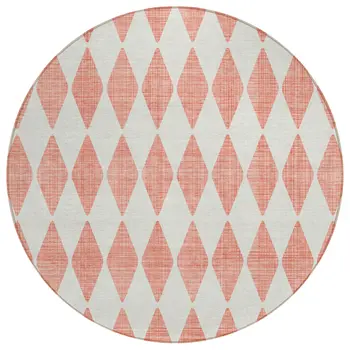 8' Salmon And Ivory Round Geometric Washable Indoor Outdoor Area Rug