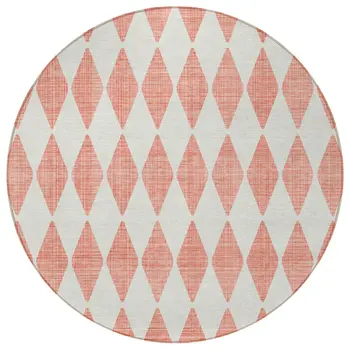 8' Salmon And Ivory Round Geometric Washable Indoor Outdoor Area Rug