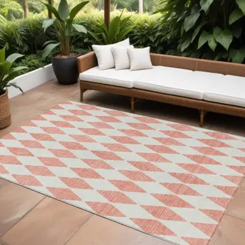 8' X 10' Salmon And Ivory Geometric Washable Indoor Outdoor Area Rug