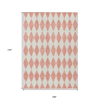 9' X 12' Salmon And Ivory Geometric Washable Indoor Outdoor Area Rug
