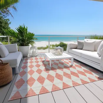 10' X 14' Salmon And Ivory Geometric Washable Indoor Outdoor Area Rug
