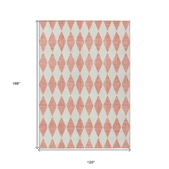 10' X 14' Salmon And Ivory Geometric Washable Indoor Outdoor Area Rug