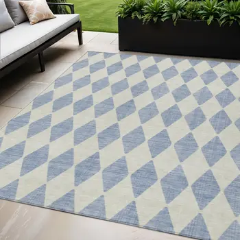 5' X 8' Sky Blue And Ivory Geometric Washable Indoor Outdoor Area Rug