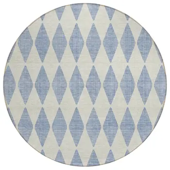 8' Sky Blue And Ivory Round Geometric Washable Indoor Outdoor Area Rug