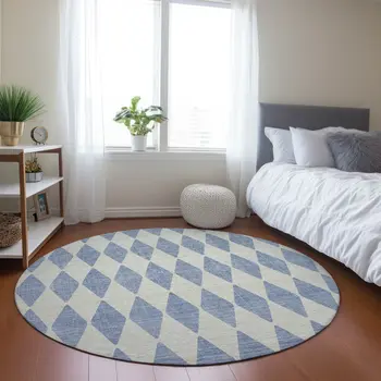 8' Sky Blue And Ivory Round Geometric Washable Indoor Outdoor Area Rug