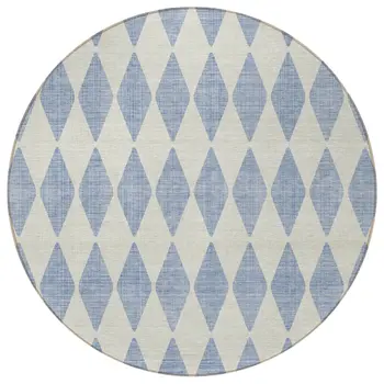 8' Sky Blue And Ivory Round Geometric Washable Indoor Outdoor Area Rug
