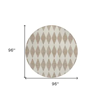 8' Taupe And Ivory Round Geometric Washable Indoor Outdoor Area Rug