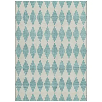 3' X 5' Teal Blue And Ivory Geometric Washable Indoor Outdoor Area Rug
