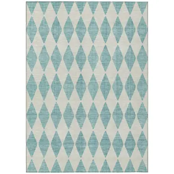 3' X 5' Teal Blue And Ivory Geometric Washable Indoor Outdoor Area Rug