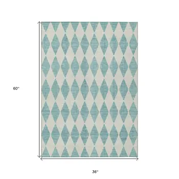 3' X 5' Teal Blue And Ivory Geometric Washable Indoor Outdoor Area Rug