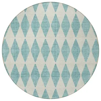 8' Teal Blue And Ivory Round Geometric Washable Indoor Outdoor Area Rug