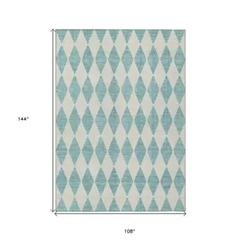 9' X 12' Teal Blue And Ivory Geometric Washable Indoor Outdoor Area Rug