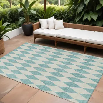 10' X 14' Teal Blue And Ivory Geometric Washable Indoor Outdoor Area Rug