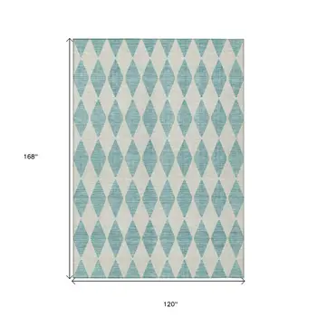 10' X 14' Teal Blue And Ivory Geometric Washable Indoor Outdoor Area Rug