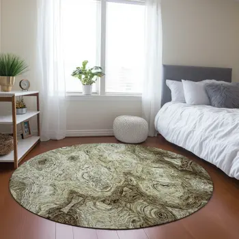 8' Beige Taupe And Brown Round Abstract Washable Indoor Outdoor Area Rug