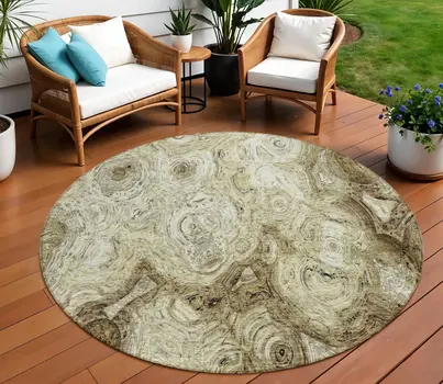 8' Beige Taupe And Brown Round Abstract Washable Indoor Outdoor Area Rug