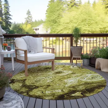 8' Gold Wheat And Chocolate Round Abstract Washable Indoor Outdoor Area Rug