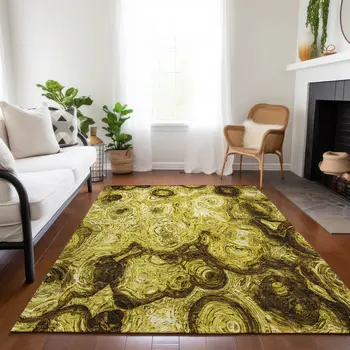 10' X 14' Gold Wheat And Chocolate Abstract Washable Indoor Outdoor Area Rug