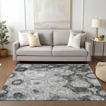 5' X 8' Gray Silver And Charcoal Abstract Washable Indoor Outdoor Area Rug