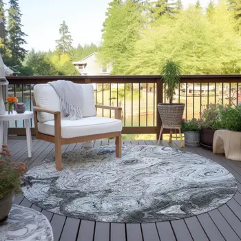 8' Gray Silver And Charcoal Round Abstract Washable Indoor Outdoor Area Rug