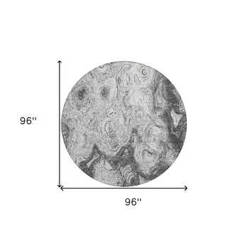 8' Gray Silver And Charcoal Round Abstract Washable Indoor Outdoor Area Rug
