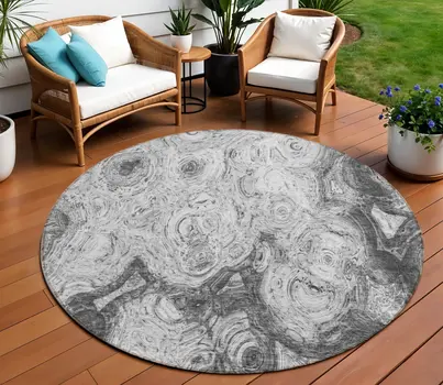 8' Gray Silver And Charcoal Round Abstract Washable Indoor Outdoor Area Rug