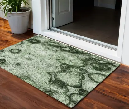 3' X 5' Artichoke Green And Emerald Abstract Washable Indoor Outdoor Area Rug