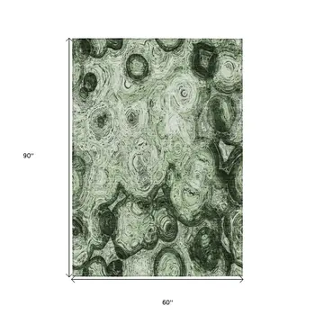 5' X 8' Artichoke Green And Emerald Abstract Washable Indoor Outdoor Area Rug