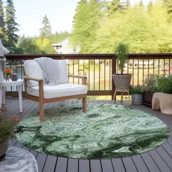 8' Artichoke Green And Emerald Round Abstract Washable Indoor Outdoor Area Rug