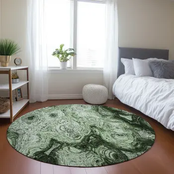 8' Artichoke Green And Emerald Round Abstract Washable Indoor Outdoor Area Rug