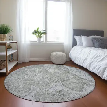 8' Ivory Taupe And Beige Round Abstract Washable Indoor Outdoor Area Rug