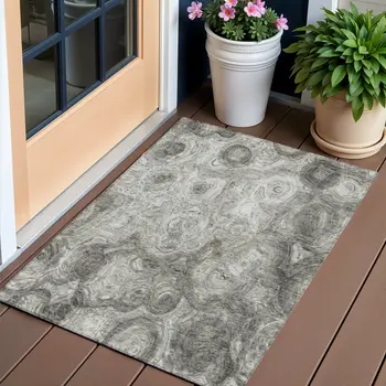 3' X 5' Silver Taupe And Ivory Abstract Washable Indoor Outdoor Area Rug