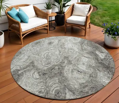 8' Silver Taupe And Ivory Round Abstract Washable Indoor Outdoor Area Rug