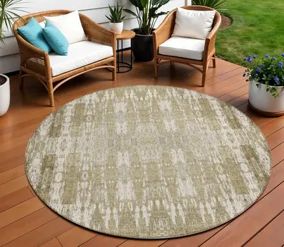 8' Beige Ivory And Tan Round Moroccan Washable Indoor Outdoor Area Rug