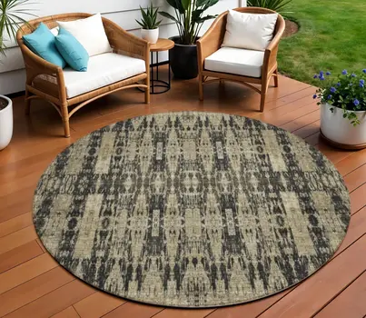 8' Black Taupe And Beige Round Moroccan Washable Indoor Outdoor Area Rug