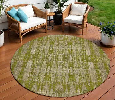 8' Olive Green Taupe And Beige Round Moroccan Washable Indoor Outdoor Area Rug