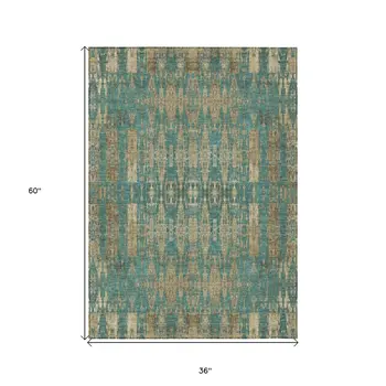 3' X 5' Teal Blue Taupe And Beige Moroccan Washable Indoor Outdoor Area Rug