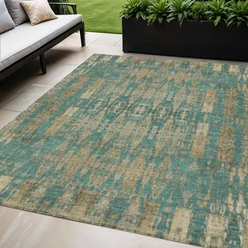 5' X 8' Teal Blue Taupe And Beige Moroccan Washable Indoor Outdoor Area Rug