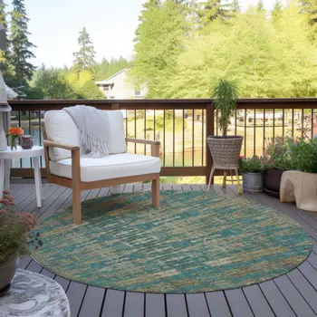8' Teal Blue Taupe And Beige Round Moroccan Washable Indoor Outdoor Area Rug