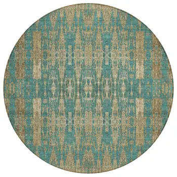 8' Teal Blue Taupe And Beige Round Moroccan Washable Indoor Outdoor Area Rug