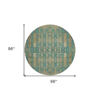 8' Teal Blue Taupe And Beige Round Moroccan Washable Indoor Outdoor Area Rug