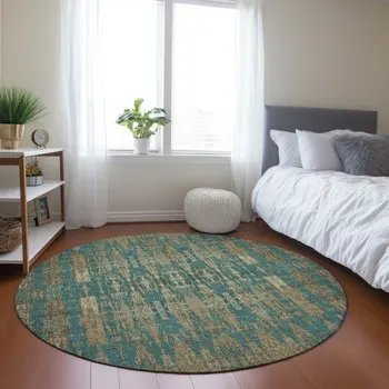 8' Teal Blue Taupe And Beige Round Moroccan Washable Indoor Outdoor Area Rug