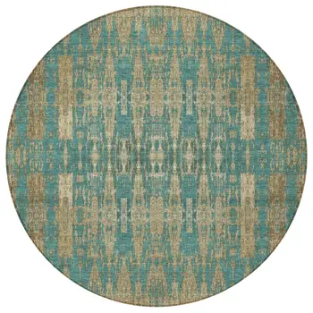 8' Teal Blue Taupe And Beige Round Moroccan Washable Indoor Outdoor Area Rug