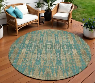8' Teal Blue Taupe And Beige Round Moroccan Washable Indoor Outdoor Area Rug