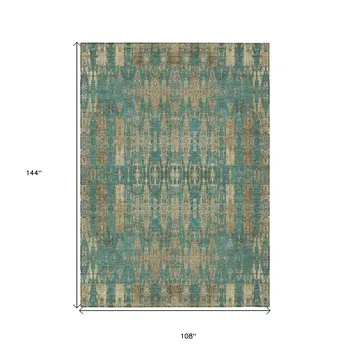 9' X 12' Teal Blue Taupe And Beige Moroccan Washable Indoor Outdoor Area Rug